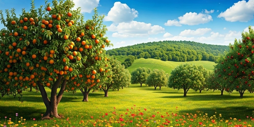 Tree full of fruit in a sunny field